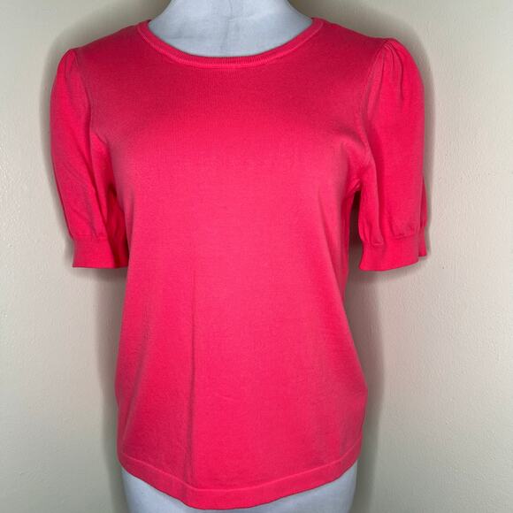 CeCe Knit Top Medium Pink Sweater Puff Sleeve Ribbed Crew Neck Cotton Minimalist - Picture 2 of 10
